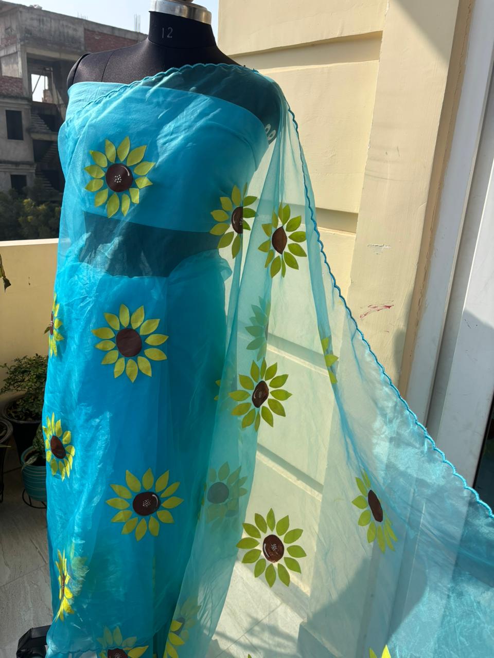 Sky Blue Handpainted Sunflower Organza Saree
