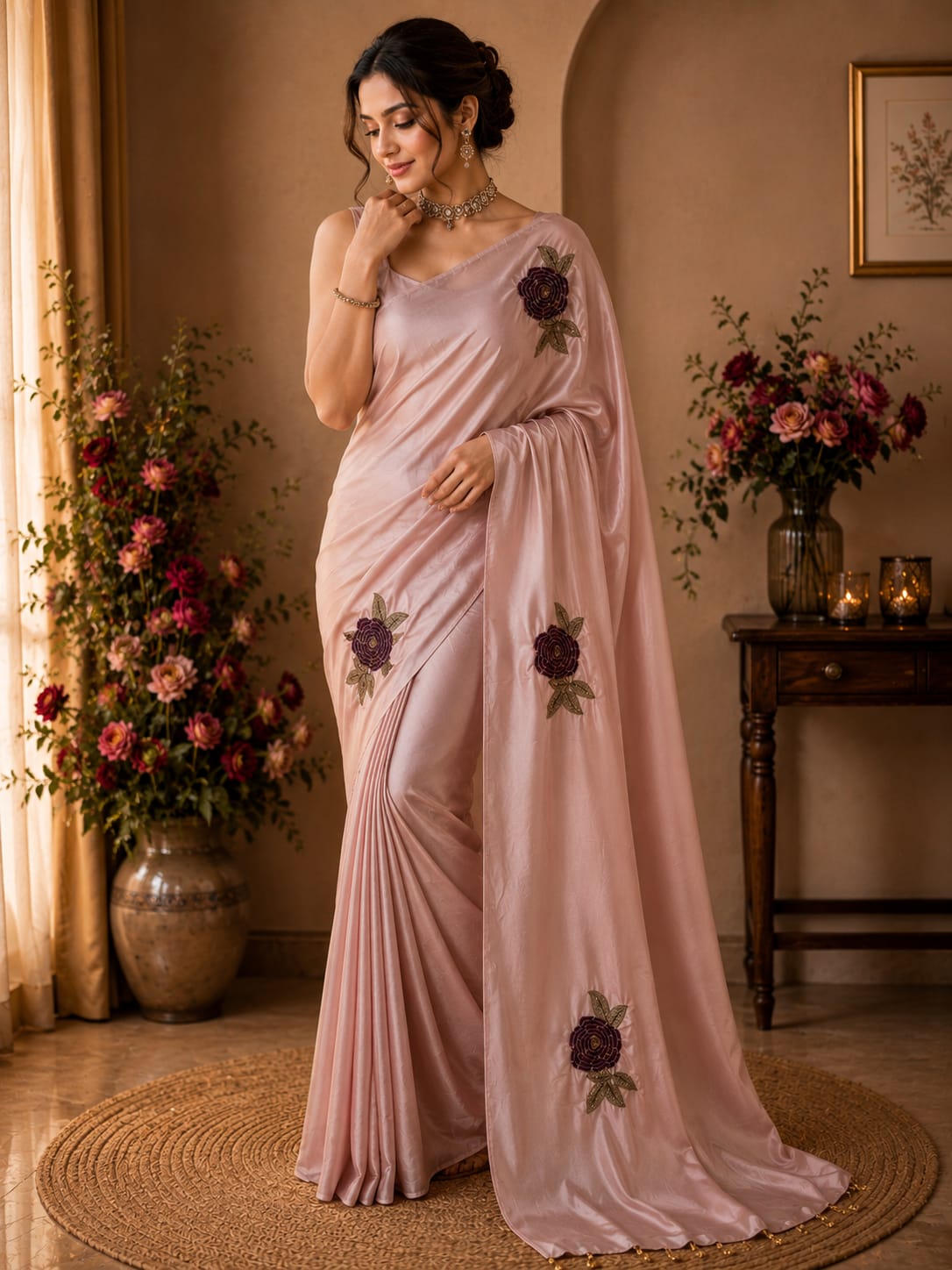 Blush Pink Rose Handembroidered Saree