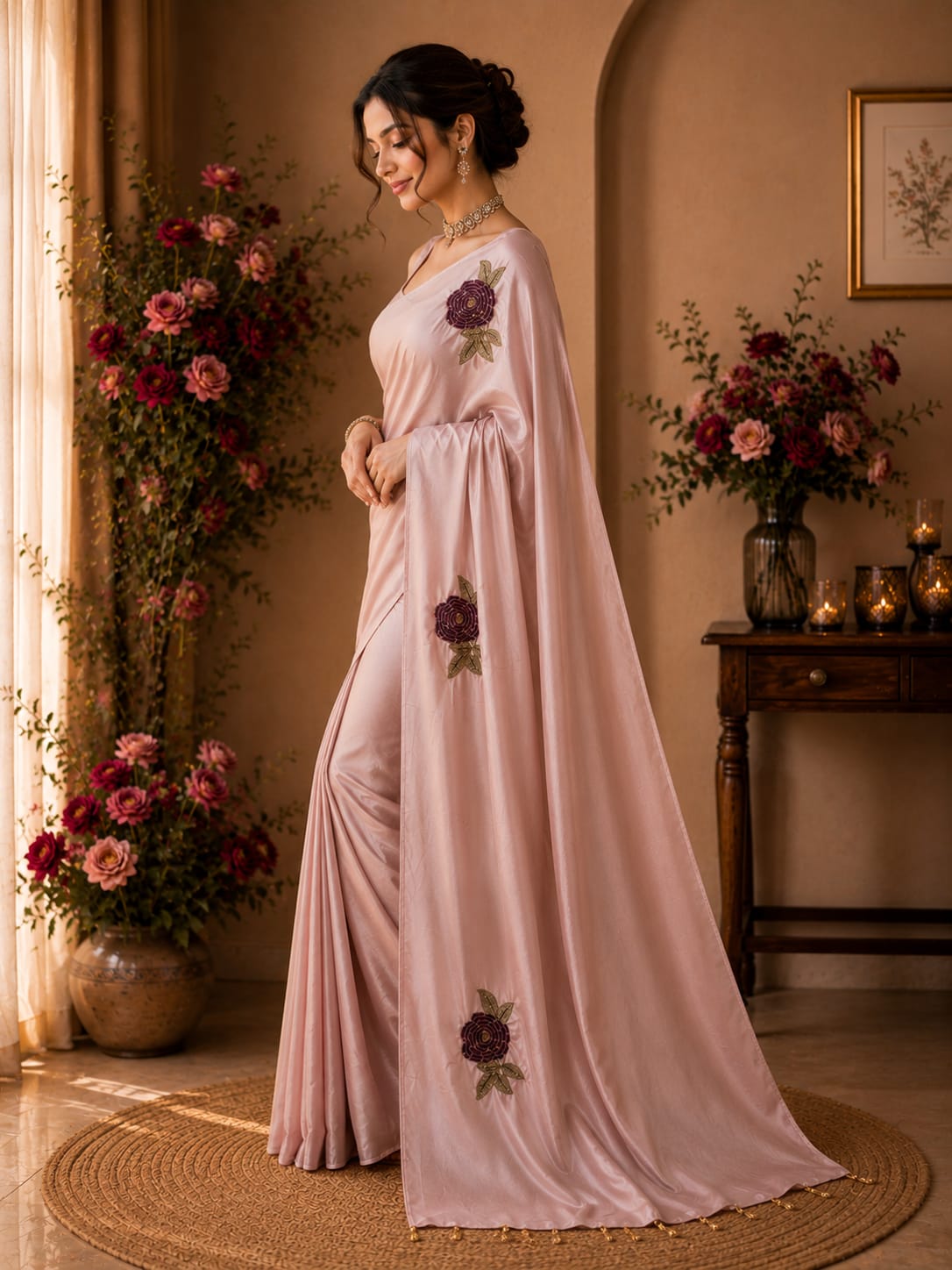 Blush Pink Rose Handembroidered Saree