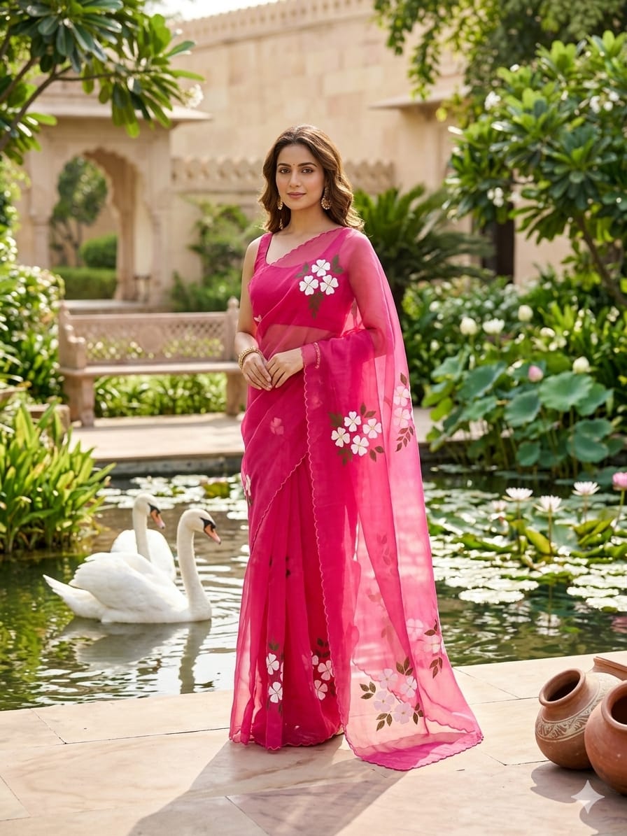 Magenta Handpainted Organza Saree