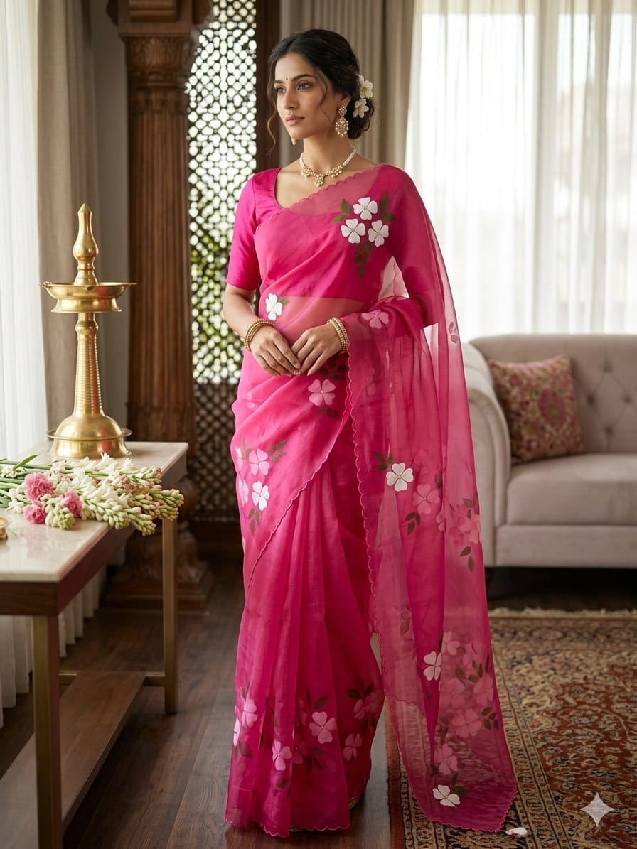 Magenta Handpainted Organza Saree