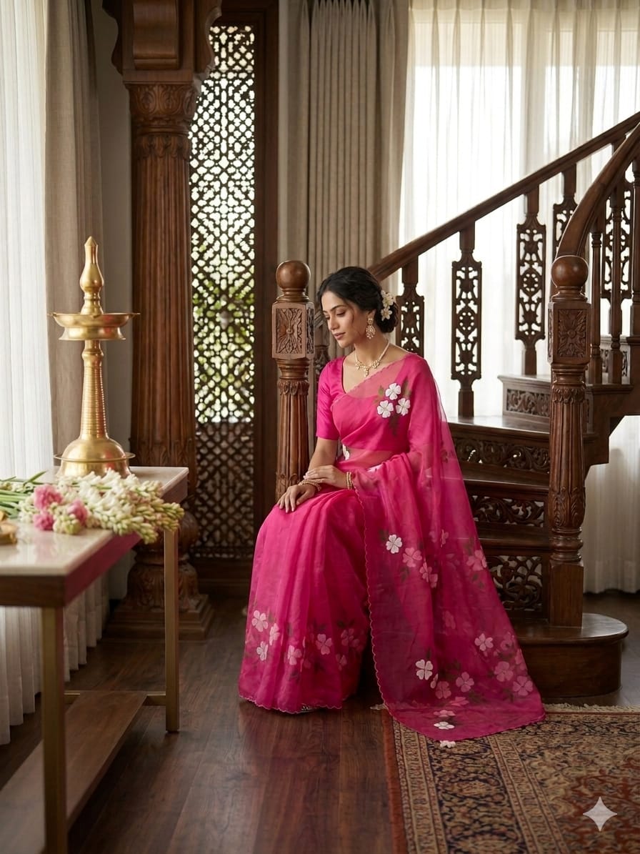 Magenta Handpainted Organza Saree
