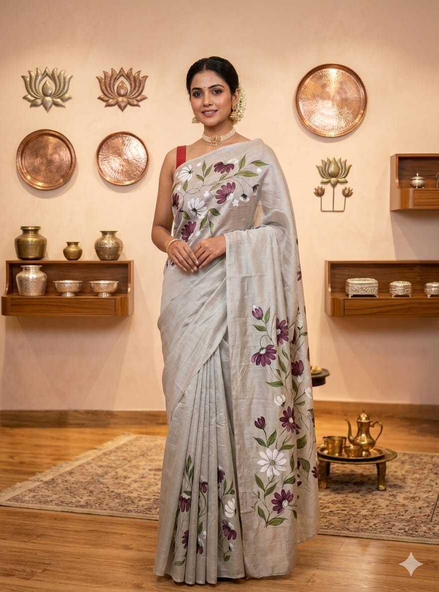 Silver Soft Tissue Handpainted Saree