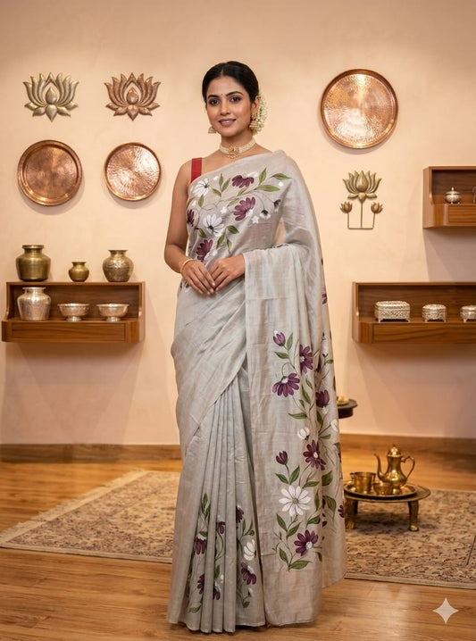 Silver Soft Tissue Handpainted Saree