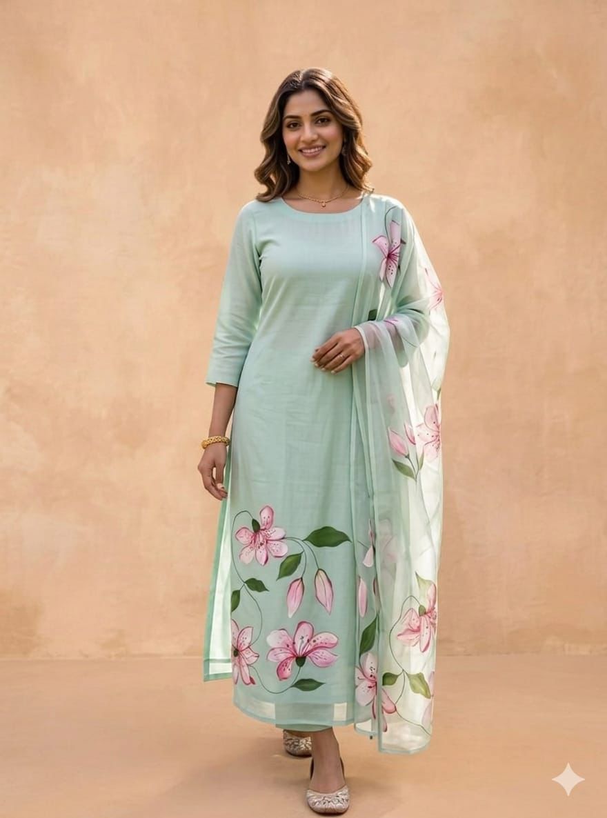 Sea Green Handpainted Mul Chanderi Suit set