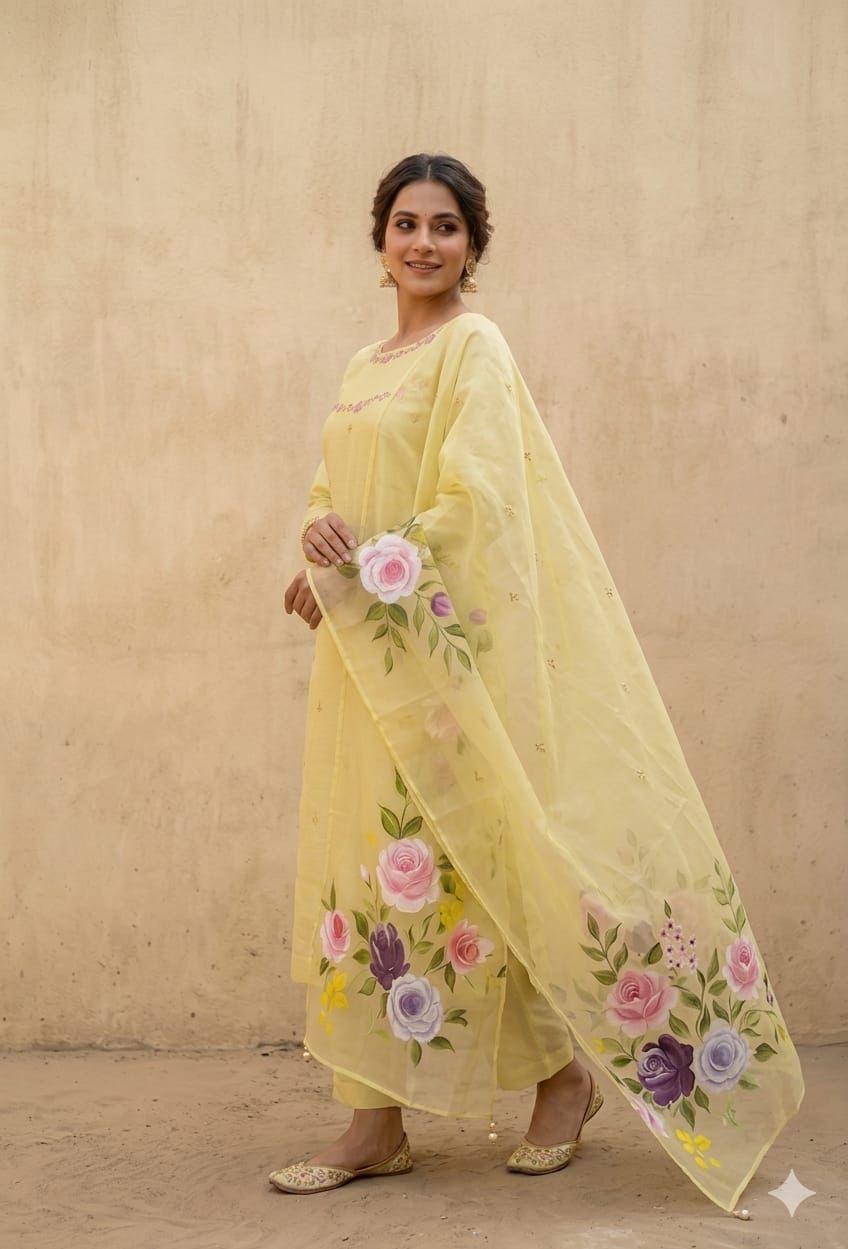 Yellow Mul Chanderi Handpainted Suit Set with Handwork