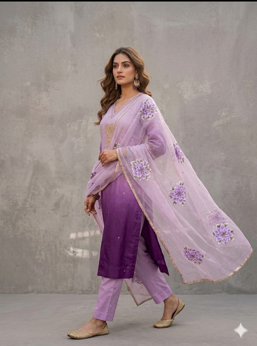 Ombre Mul Chanderi Handpainted Suit Set with Handwork