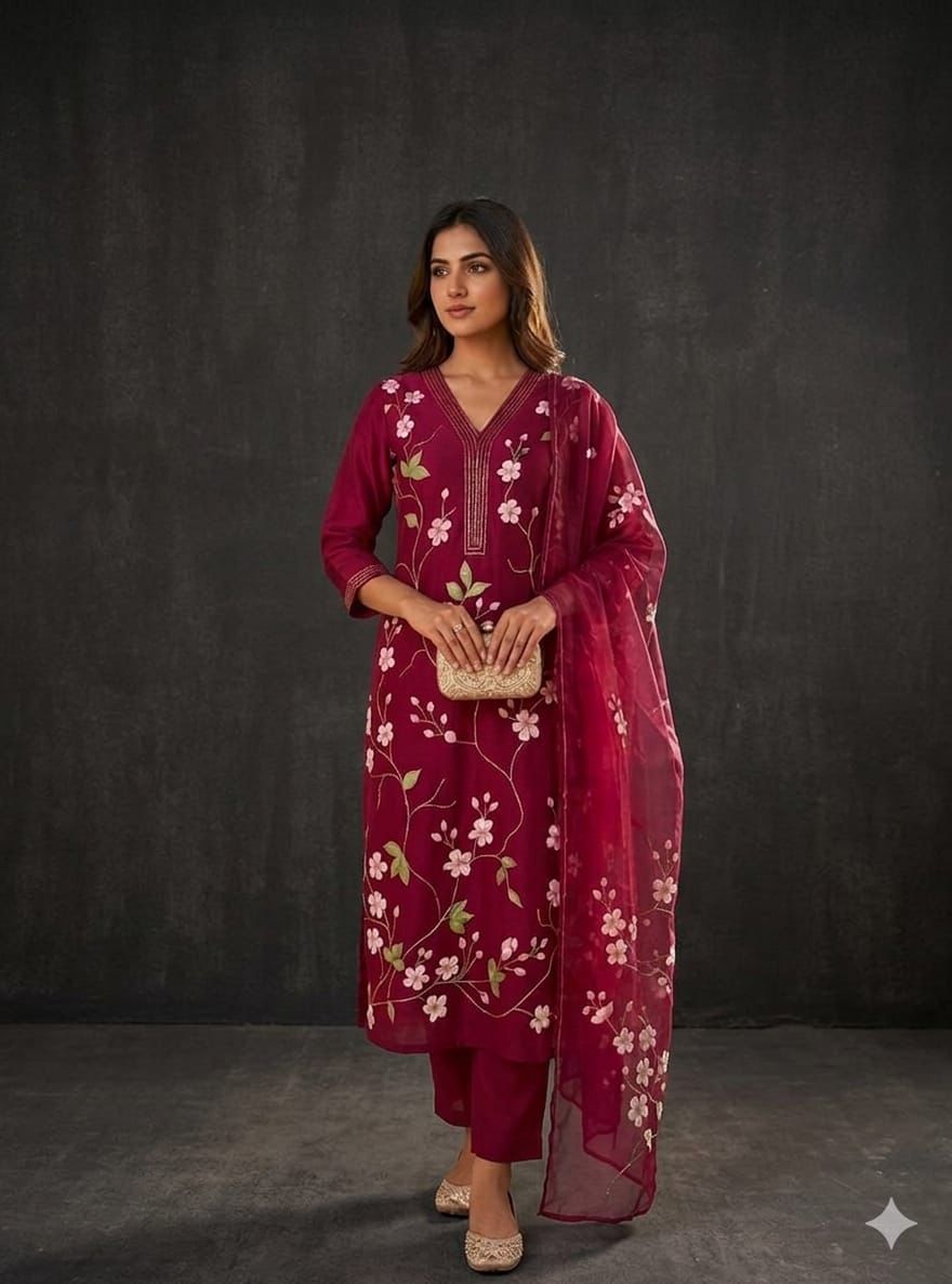Mul Chanderi Handpainted Suit Set with Handwork