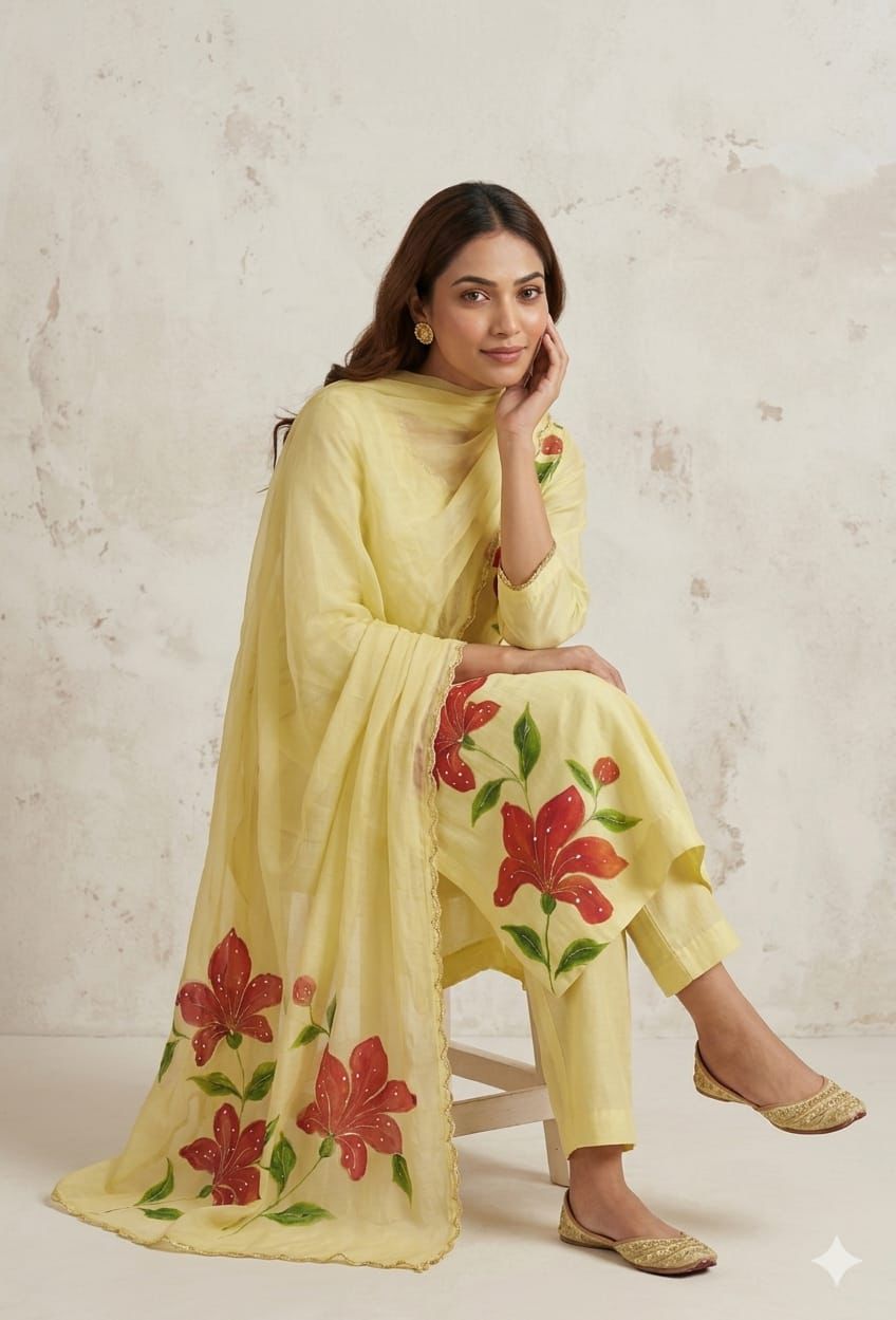Yellow Mul Chanderi Handpainted Suit Set with Handwork
