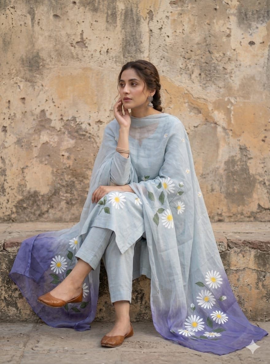 Ice Blue Handpainted Mul Chanderi Suit set