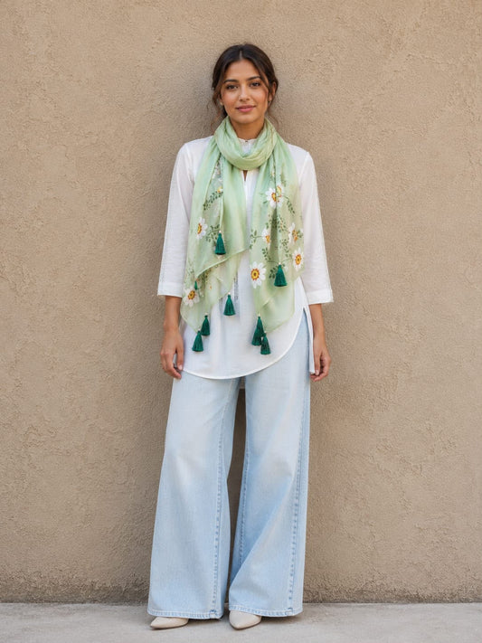 Handpainted Green Silk Scarf