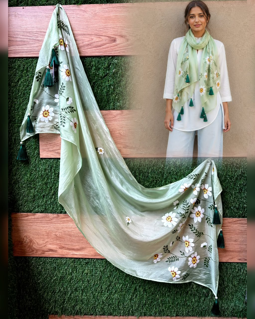 Handpainted Green Silk Scarf