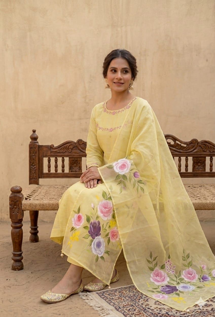 Yellow Mul Chanderi Handpainted Suit Set with Handwork