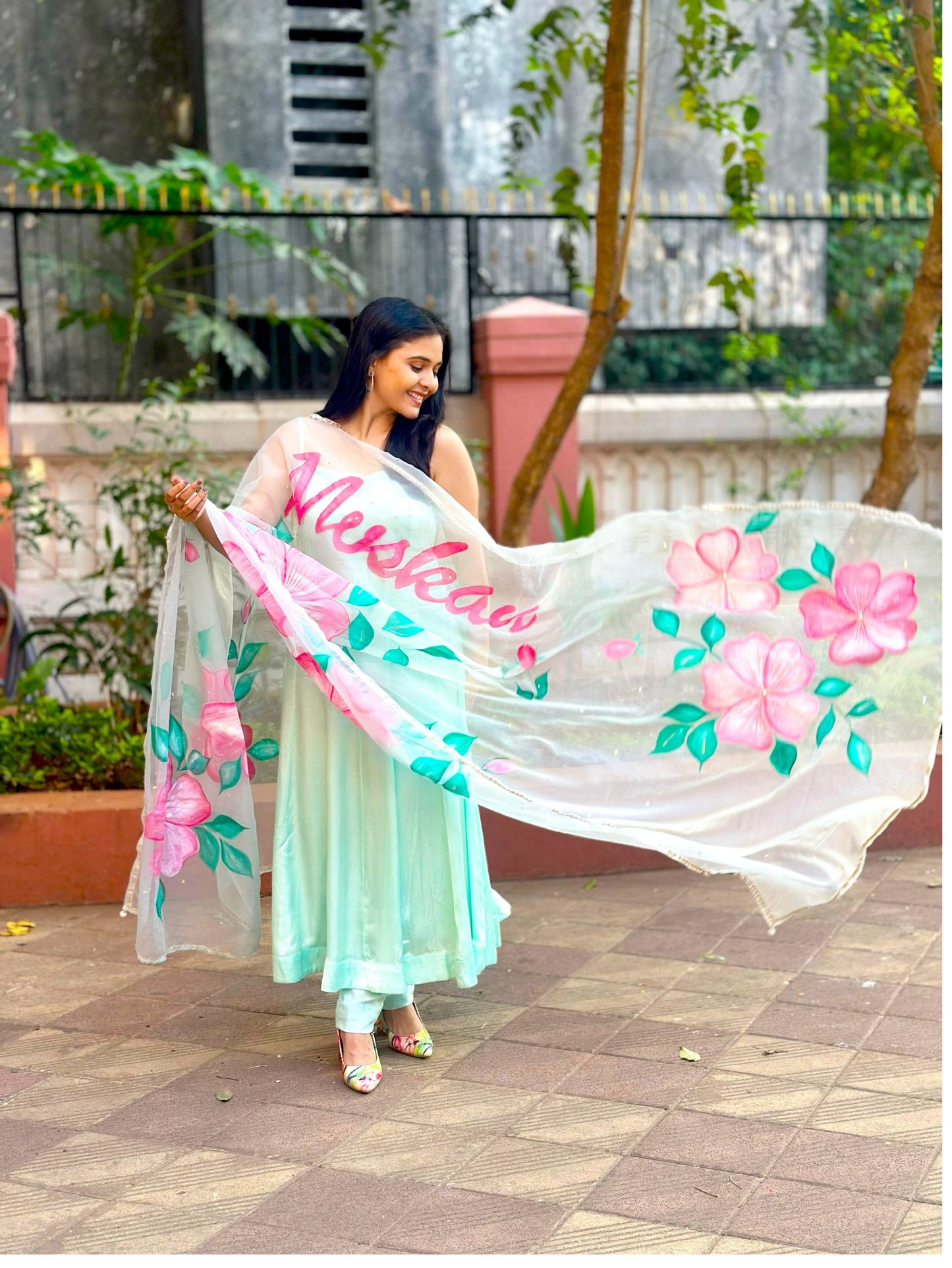 DUPATTAS- Custom Name Aqua Blue Handpainted Organza Dupatta