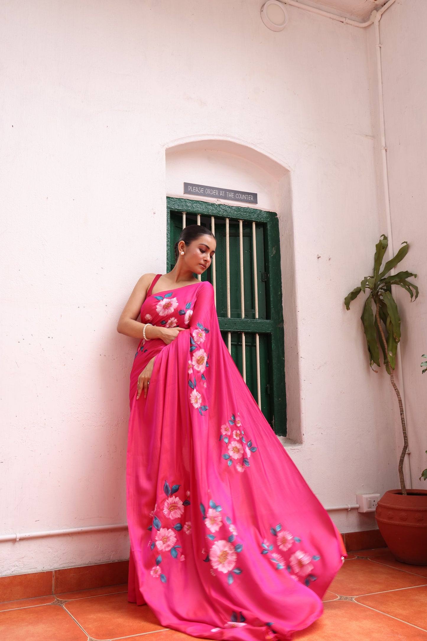 Hot Pink Handpainted Dual Tone Silk Saree