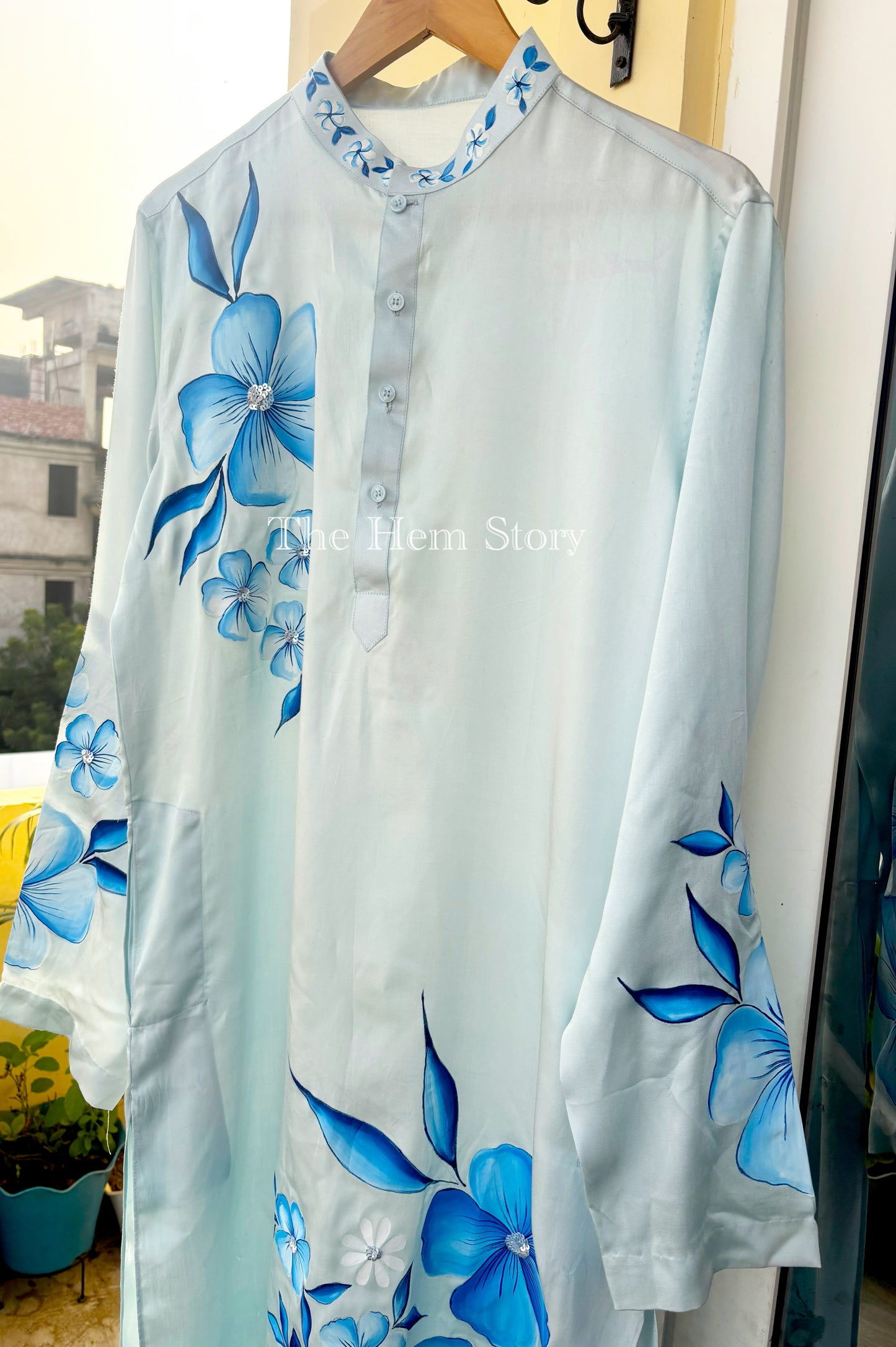 Men's Handpainted Kurta in Powder Blue
