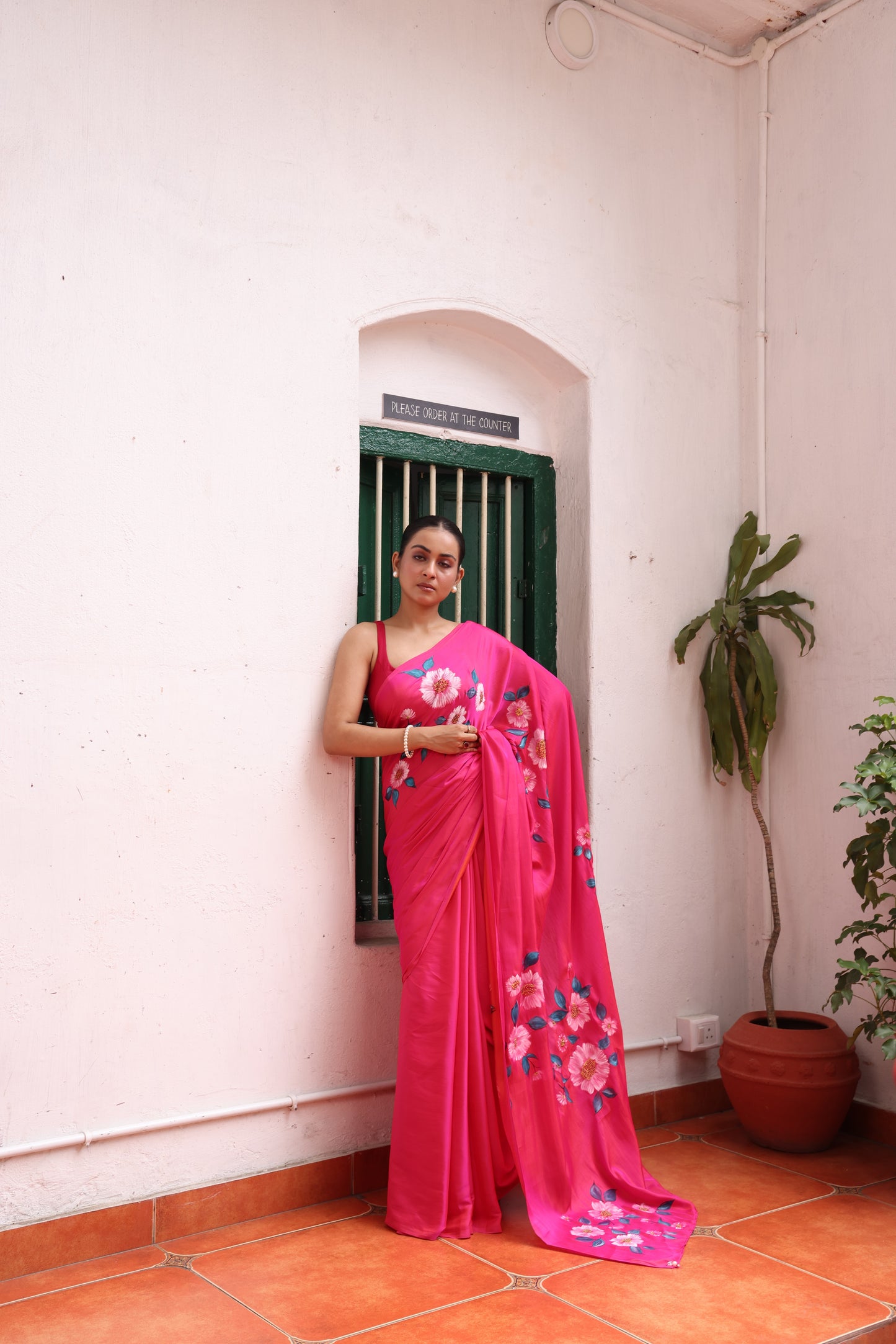 Hot Pink Handpainted Dual Tone Silk Saree