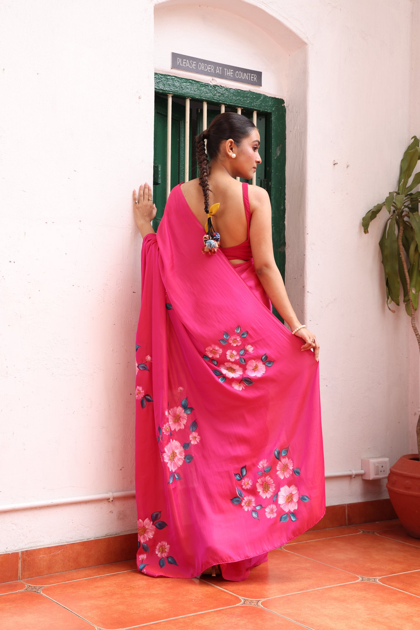 Hot Pink Handpainted Dual Tone Silk Saree