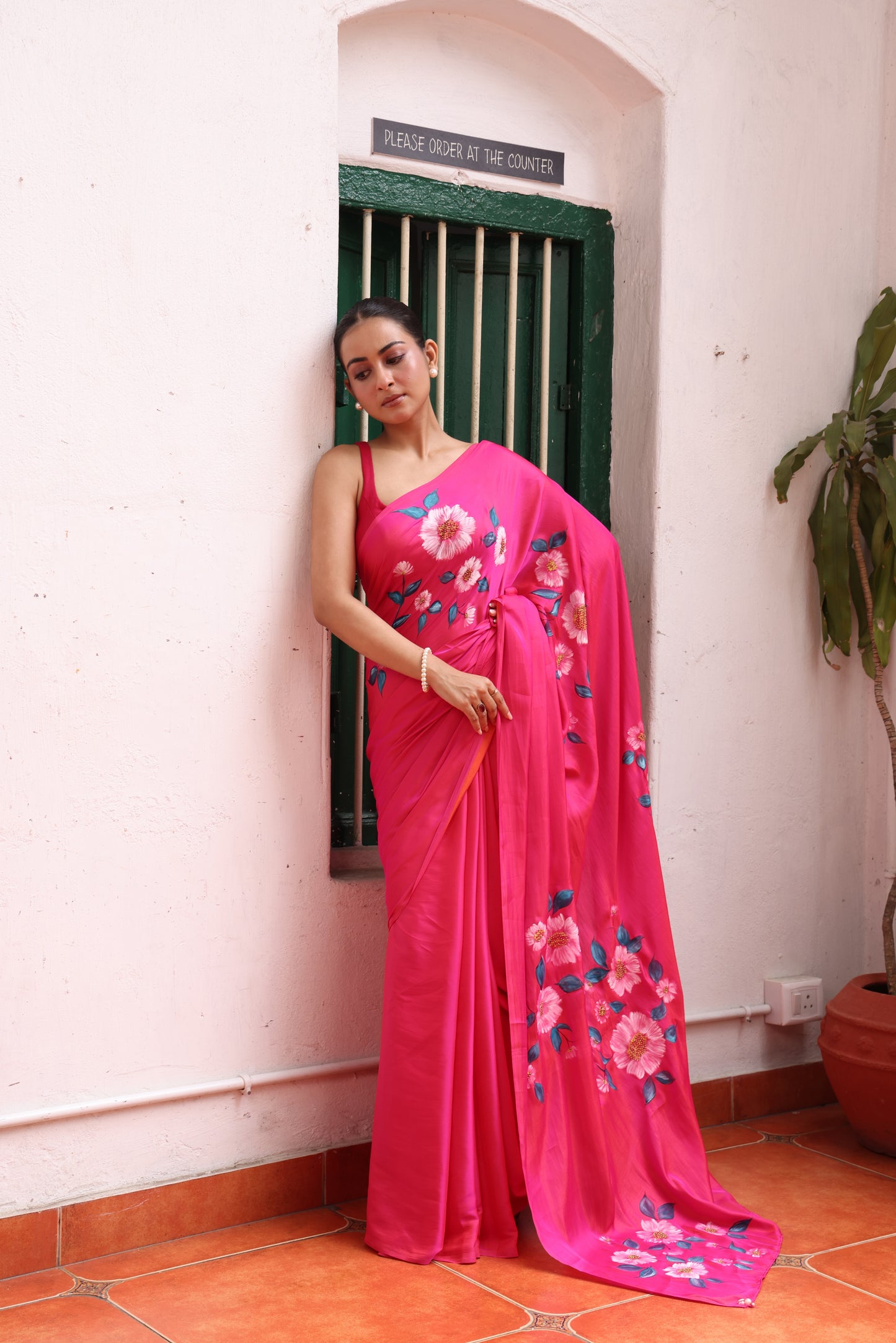 Hot Pink Handpainted Dual Tone Silk Saree
