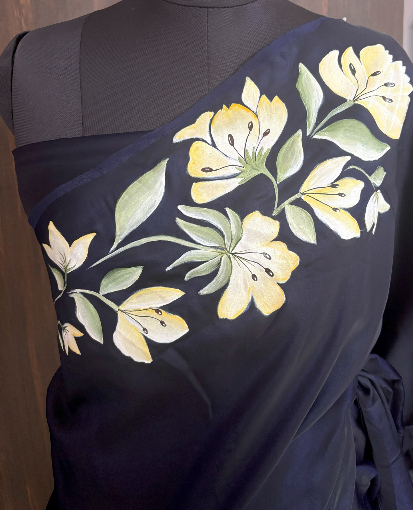 Navy Blue Handpainted Dual Tone Silk Saree