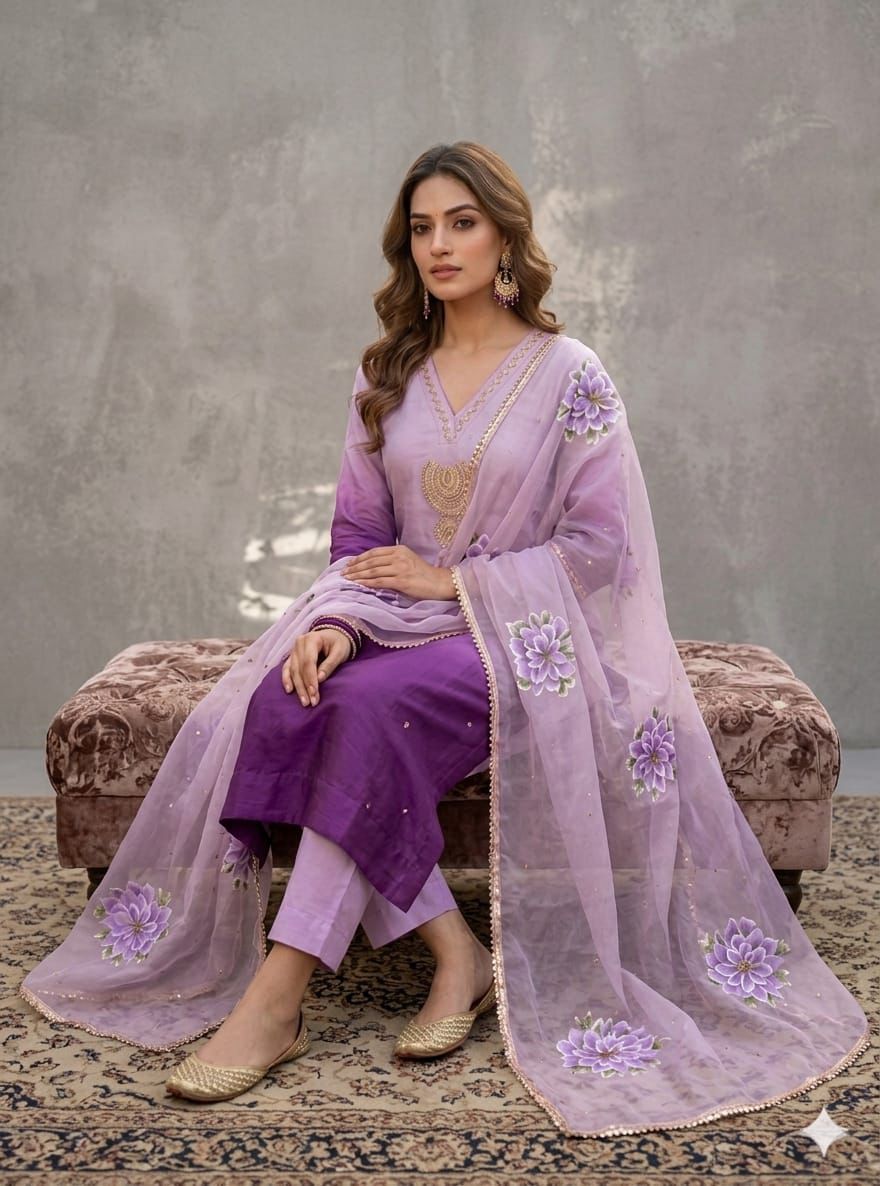 Ombre Mul Chanderi Handpainted Suit Set with Handwork