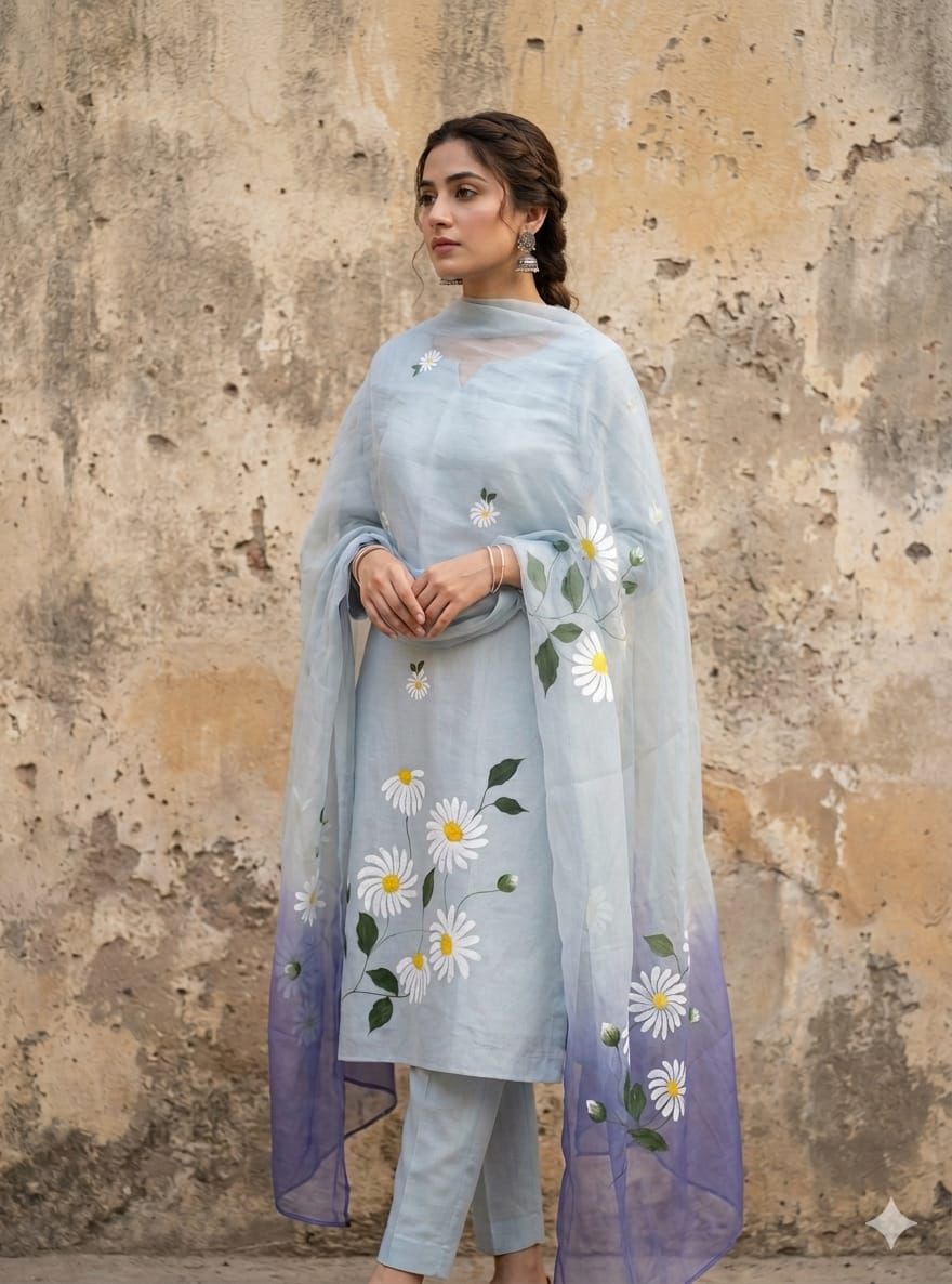 Ice Blue Handpainted Mul Chanderi Suit set