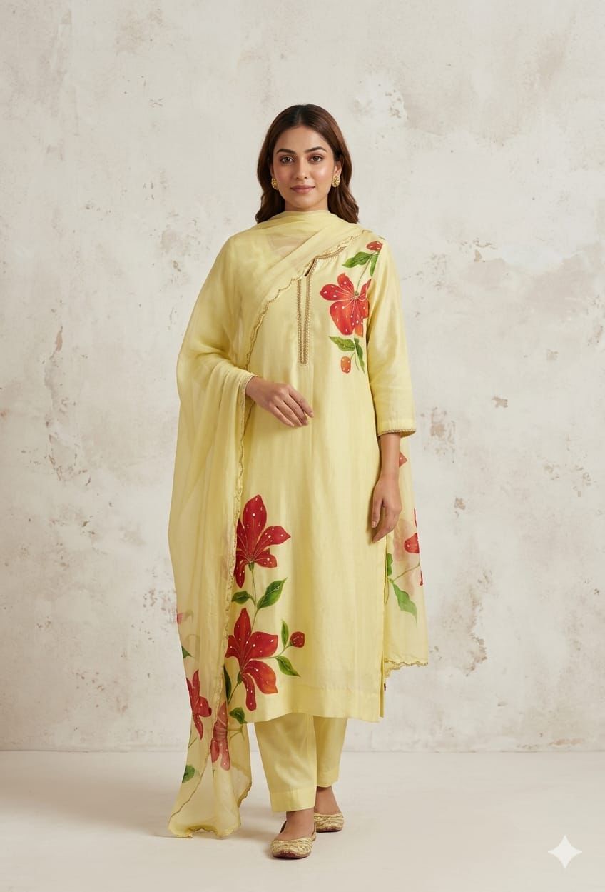 Yellow Mul Chanderi Handpainted Suit Set with Handwork