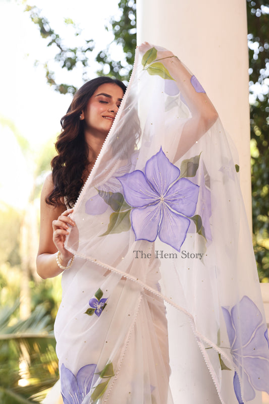 White Handpainted Organza Saree Enhanced with pearl handwork