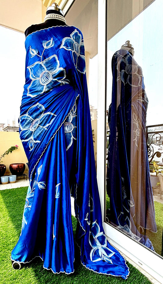CHITRAKARI -Royal Blue Satin Silk Handpainted Saree with Pearl Handembroidery