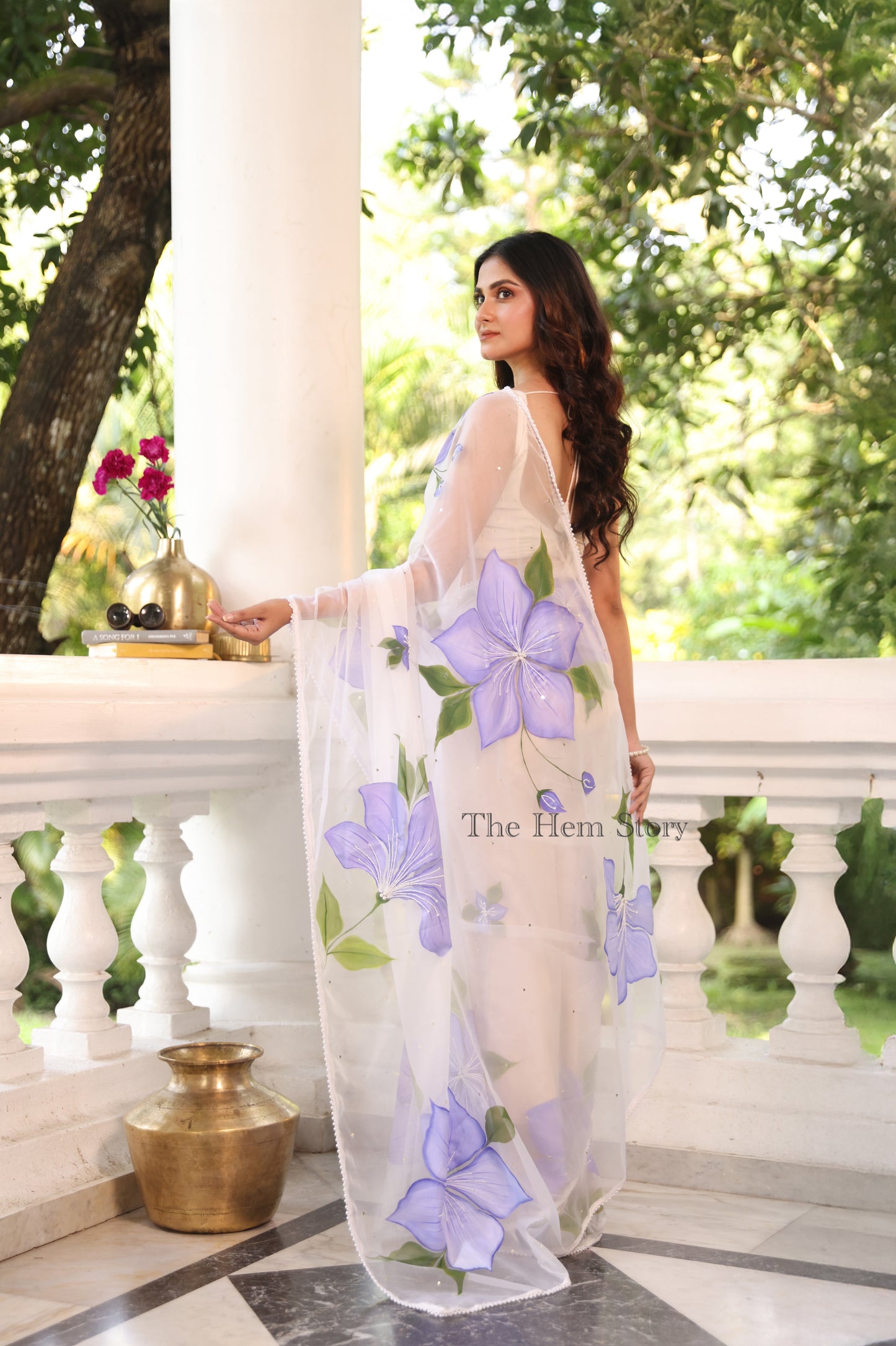 White Handpainted Organza Saree Enhanced with pearl handwork