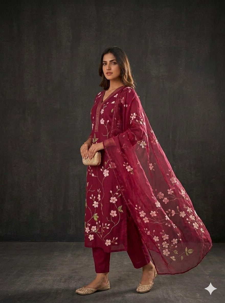 Mul Chanderi Handpainted Suit Set with Handwork