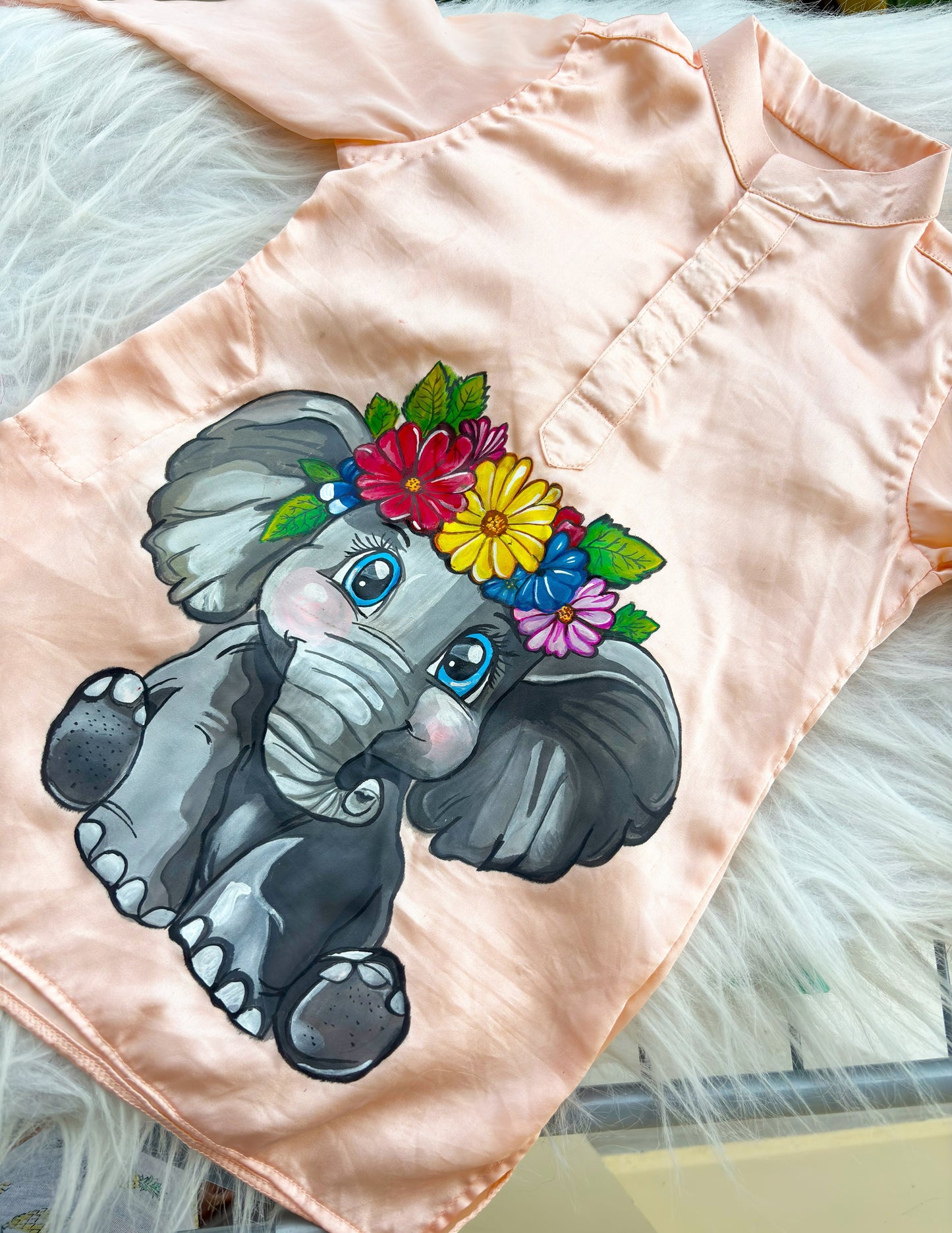 Peach Handpainted Elephant kids's Dress