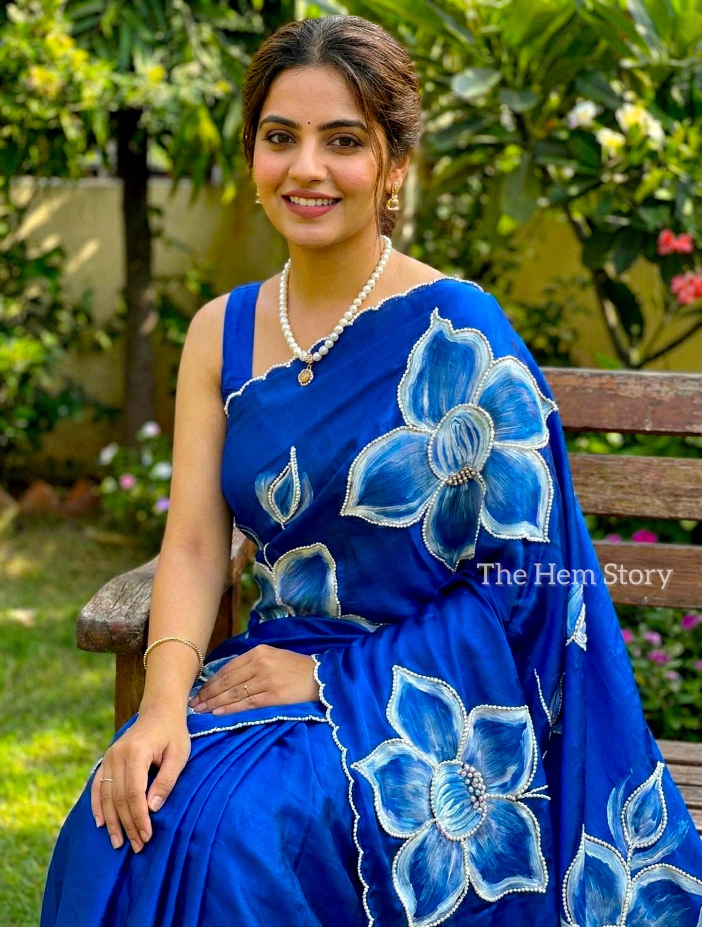 Royal Blue Satin Silk Handpainted Saree with Pearl Handembroidery