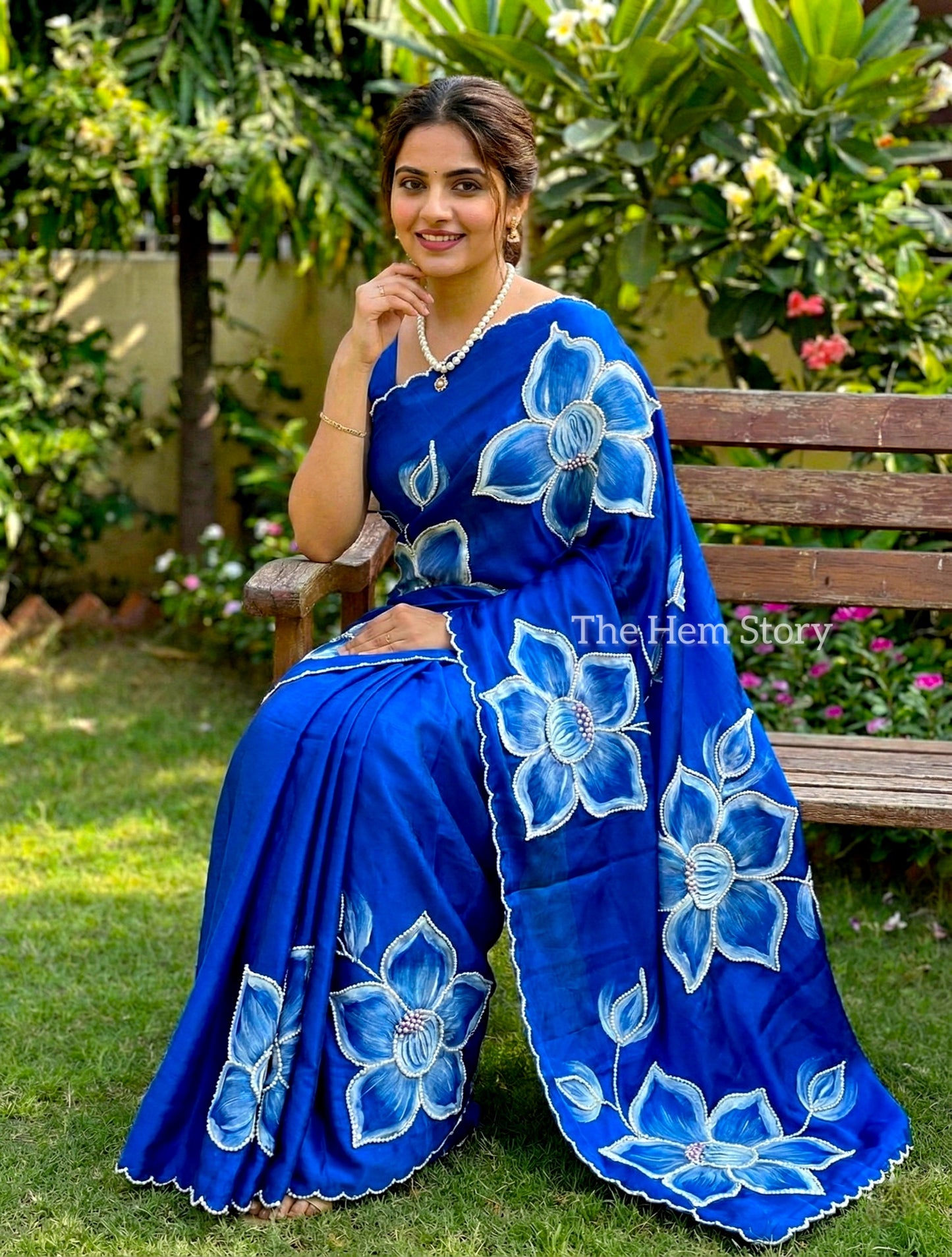 Royal Blue Satin Silk Handpainted Saree with Pearl Handembroidery