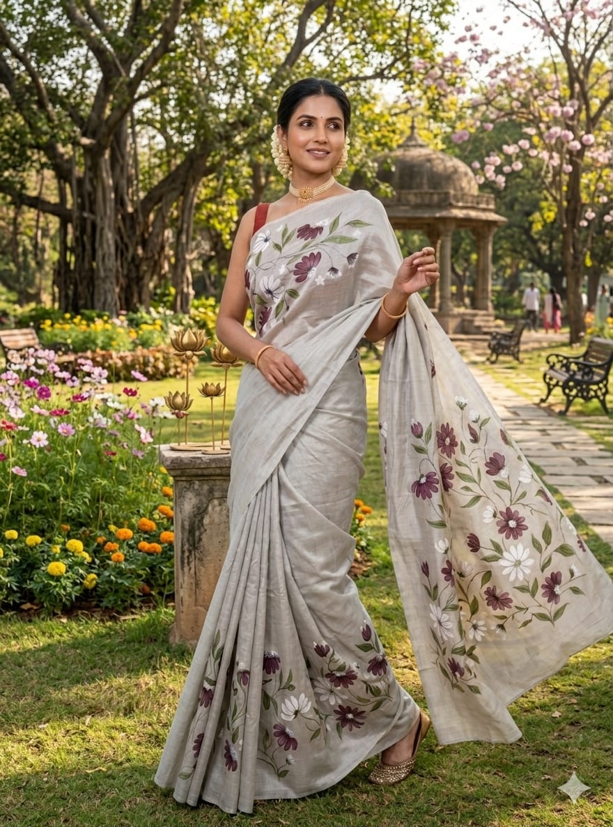 Silver Soft Tissue Handpainted Saree