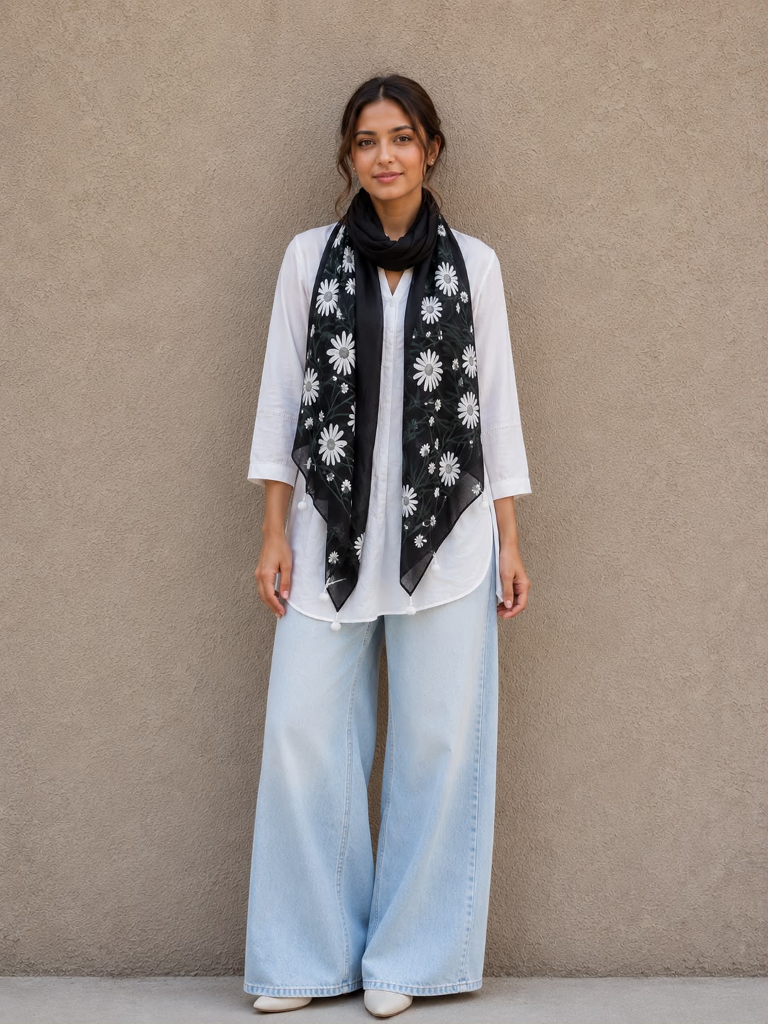 Handpainted Black Silk Scarf