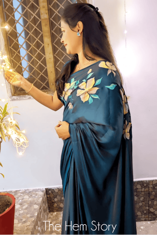 CHITRAKARI- Teal Handpainted Cross Thread Silk Saree