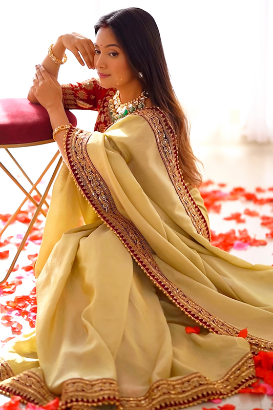 NOOR- Champagne Shade Soft Tissue Sari With Zari Work Borders
