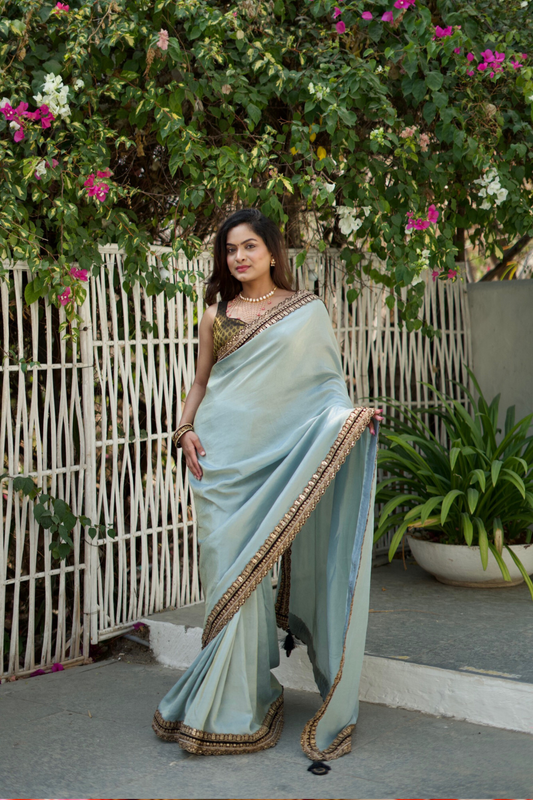 NOOR- Grey Soft Tissue Saree with Intricate Zari Work Borders