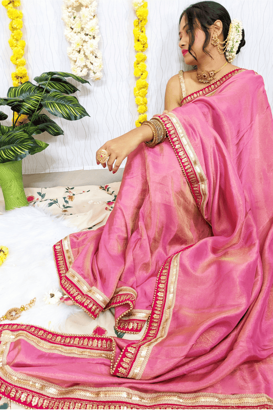 NOOR- Rose Pink Soft Tissue Saree with Intricate Zari Work Borders
