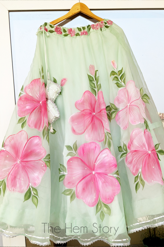Pastel Green Handpainted Organza Lehenga with Handwork