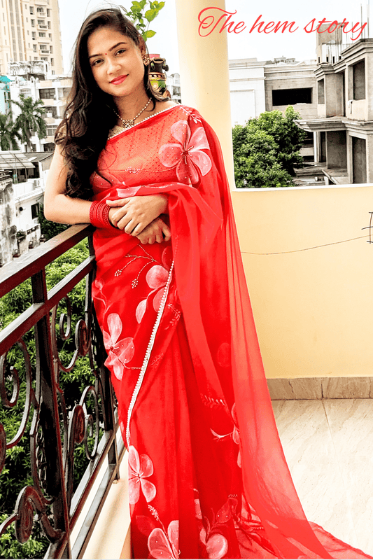 CHITRAKARI- Red Handpainted Organza Saree With Intricate Embroidery