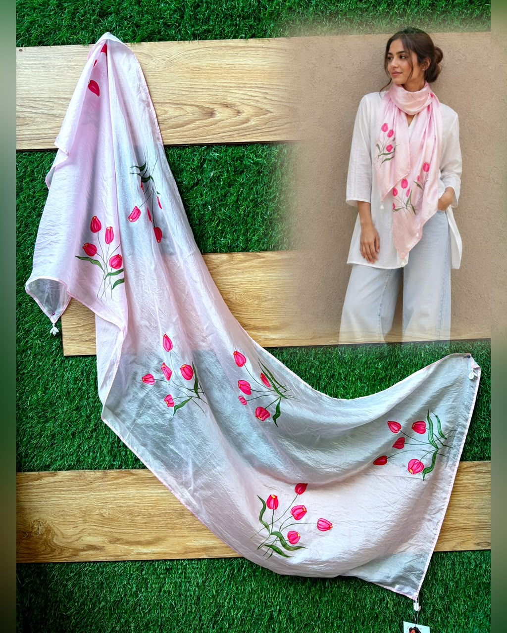 Handpainted Baby Pink Silk Scarf