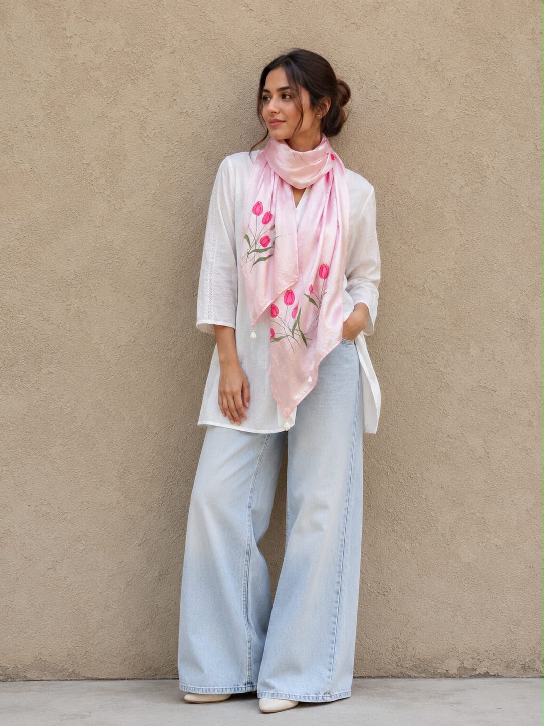 Handpainted Baby Pink Silk Scarf