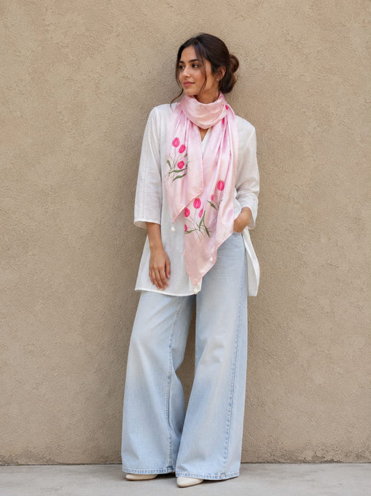 Handpainted Baby Pink Silk Scarf