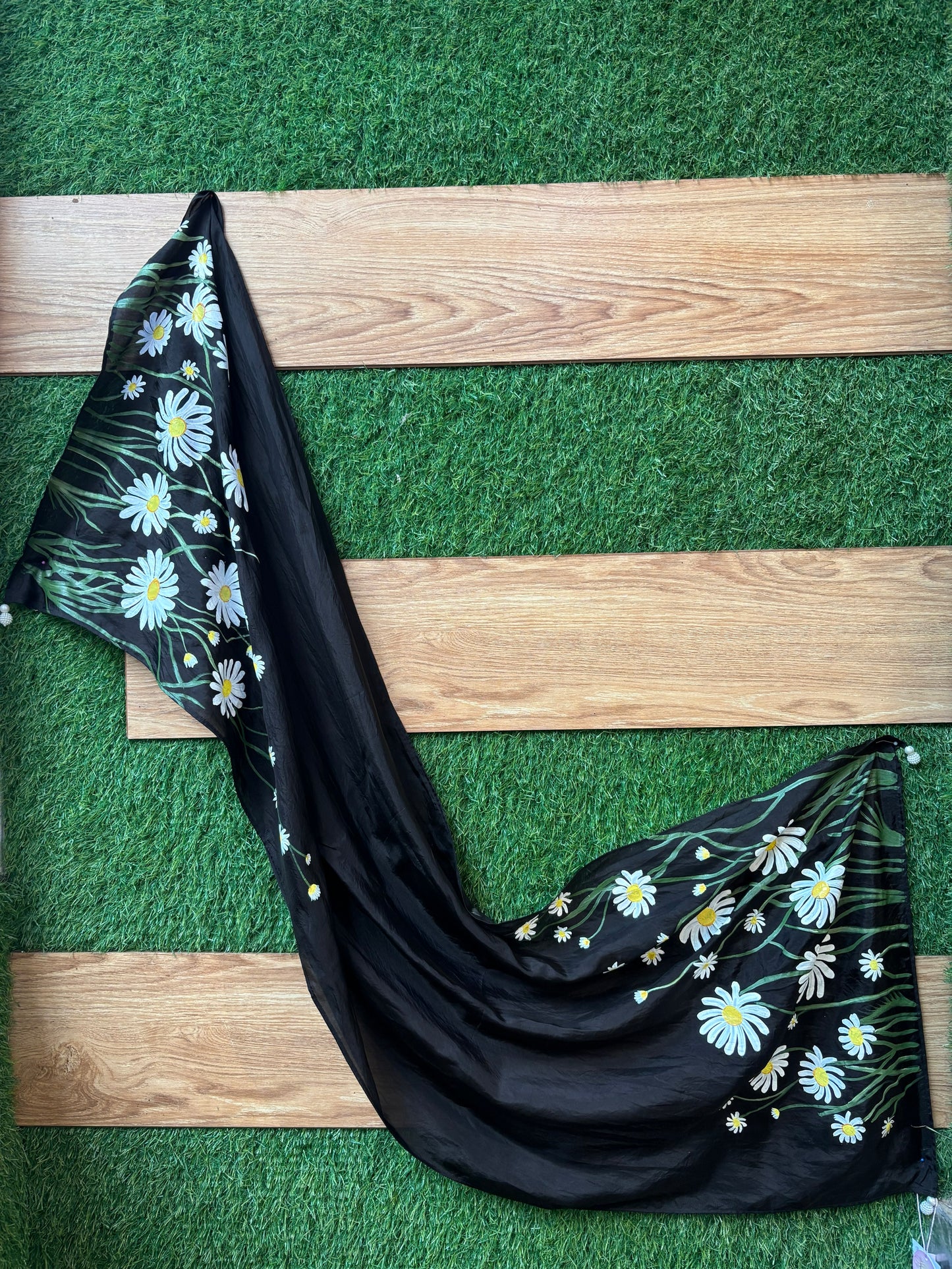 Handpainted Black Silk Scarf
