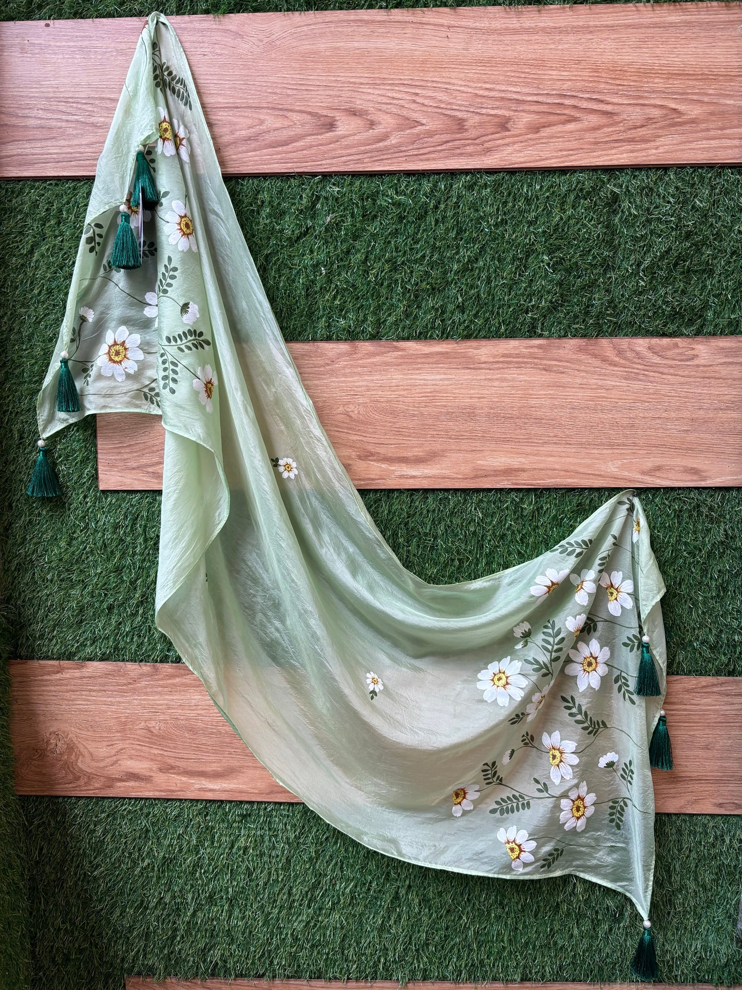 Handpainted Green Silk Scarf