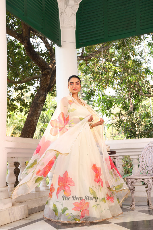 Wild Lily Handpainted Lehenga Set with Handwork Detailings