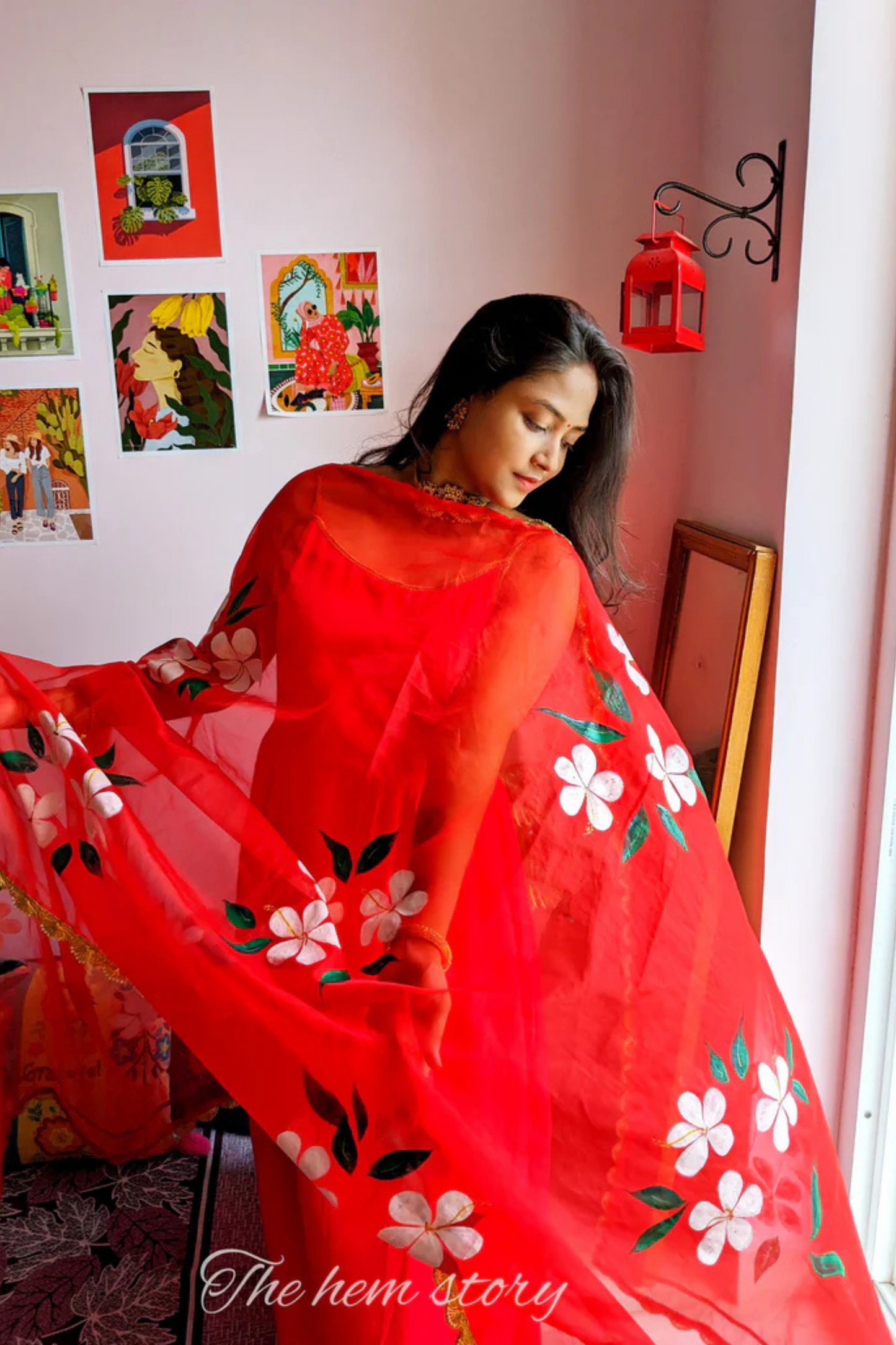 DUPATTAS- Red Hand-Painted Organza Dupatta