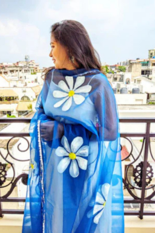 DUPATTAS- Navy Blue Hand-Painted Organza Dupatta with Handwork